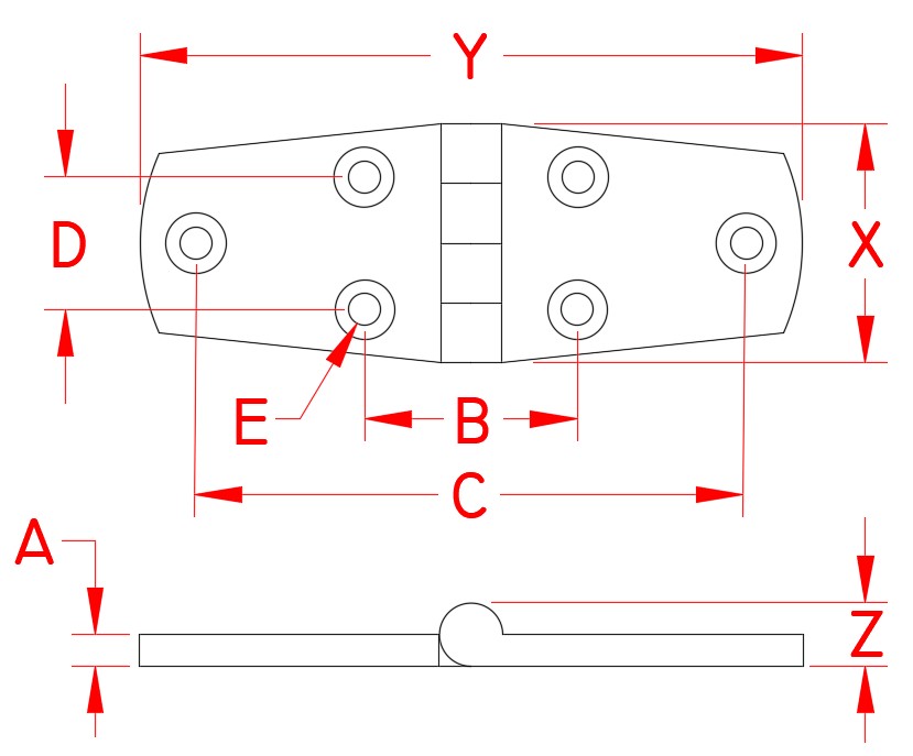 Stainless Steel Heavy Duty Door Hinge - Equal, S3822-0075, S3822-0100, Line Drawing Stainless Steel Heavy Duty Door Hinge - Equal, S3822-0075, S3822-0100, Line Drawing